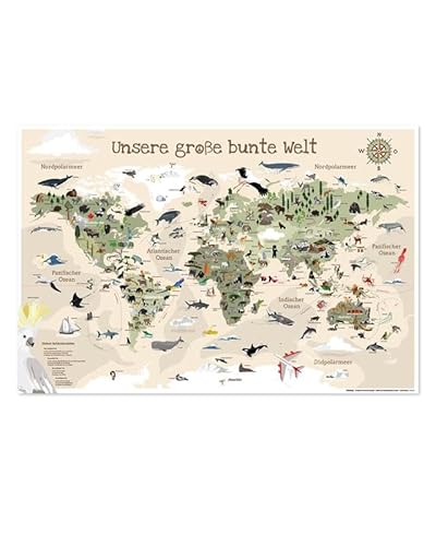 Stäng upp barnens världskarta XL affisch – beige version – vår stora färgglada värld i dukade färger – 61 x 91,5 cm – handritad och färgad barnvärldskarta