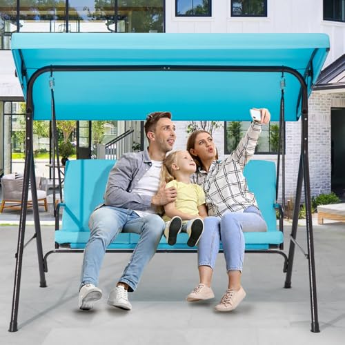 Image of 3 Seat Patio Swing, Outdoor Swing with Removable Cushions, Porch Swing with Adjustable Canopy for Backyard, Porch, Garden,Fabric Seat,(Lake Blue)