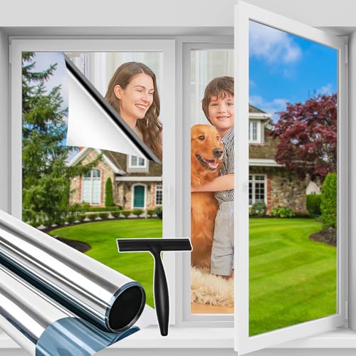 Niviy One Way Window Film Privacy 44.5x200cm, Mirror Reflective Window Tint for Glass, Heat Control UV Protection Anti Glare Sun Blocker, Daytime See Out Not In for Home Office Silver