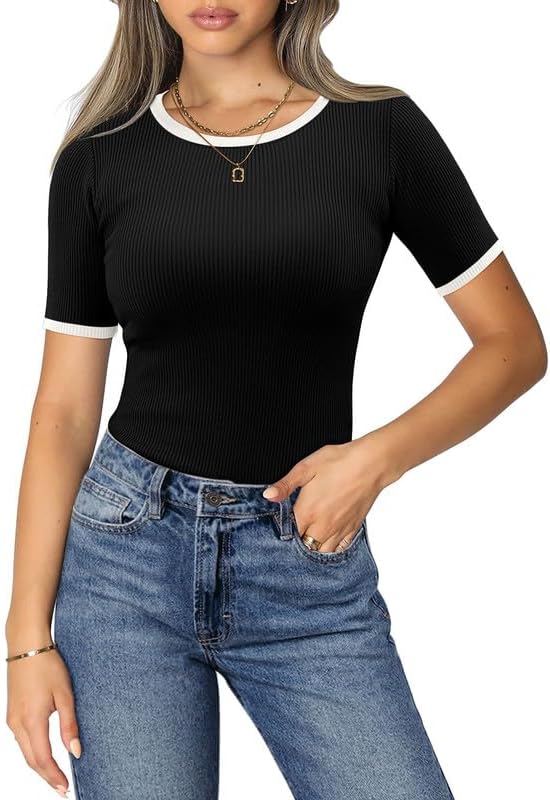 KISSMODA 2024 Women’s Fashion Short Sleeve Crew Neck Ribbed Knit Slim Fit T-Shirt Summer Basic Casual Color Block Tee Tops