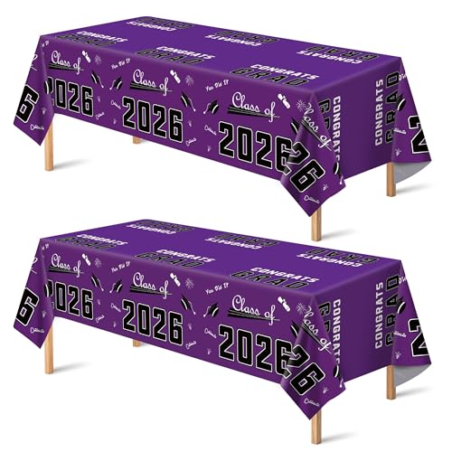 Image of OHOME Graduation Decorations Class of 2026 2027- Graduation Party Decorations 2026 - Disposable Plastic Purple Tablecloth Banner for Class of 2026 Decorations Party Favors Supplies,54 inch X 108 inch,2Pcs