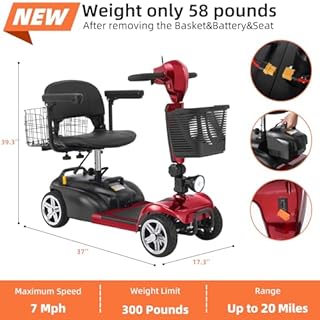 20 Miles 4 Wheels Mobility Scooter for Seniors/Adults Up to 300LBS,350W Electric Wheelchair Detachable Lithium Battery,Dual Baskets,Rotating Seat,with Taillight, USB Charging, Red 18AH
