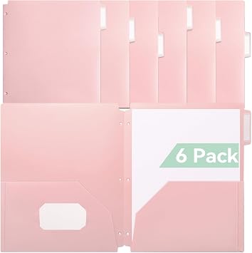 SortRax Plastic Folders with Pockets, 3-Hole, 3 Tab Positions, Pink | 6-Pack of 2-Pocket Folders for School, Fits 3-Ring Binders, Tear-Resistant and Easy to Clean, Colorful Labels Included