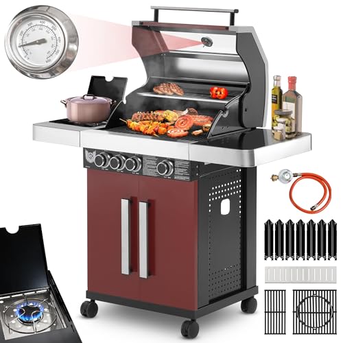 Gasgrill BBQ CHIEF 6.0-3 Edelstahl Brenner, Seitenbrenner, 10,5 kW, Gusseisen Grillrost, Deckel, Thermometer, Rollen, Rot - Grill, Grillwagen, Grillstation für Camping, Balkon,... – Bild 6