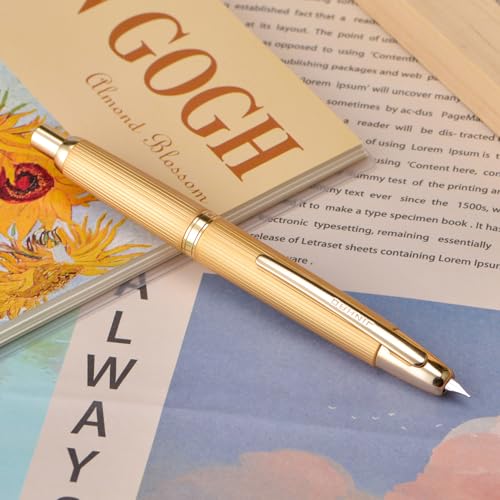 Image of Jinhao 10 Press Fountain Pen with Box, Brushed Matte Gold Retractable Medium Nib with Ink Converter Set (Golden Clip)