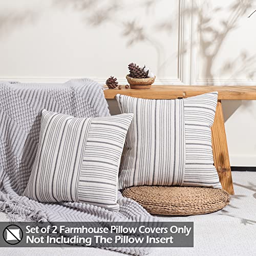 Carrie Home Modern Farmhouse Decor Grey Neutral Pillow Covers 18X18 Set Of 2 Gray Linen Striped Patchwork Decorative Throw Pillows 18 X 18 For Living Room Couch And Sofa #TOP1