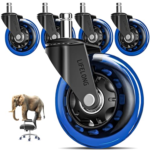 Image of Lifelong Original Office Chair Wheels (As Seen On CNN) Replacement Rubber Chair Casters for Hardwood Floors & Carpet, Set of 5, Heavy Duty Casters for Chairs to Replace - Fits 98% (Blue)