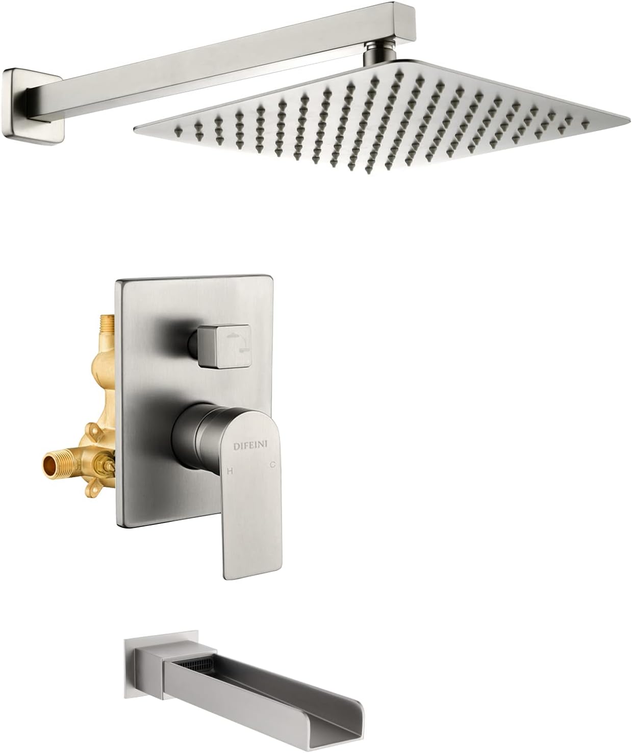 Shower Faucet Set with Waterfall Tub Spout Tub and Shower Trim Kit with Rough in Valve Waterfall Shower Tub Faucet Set Wall Mount Shower System Brushed Nickel