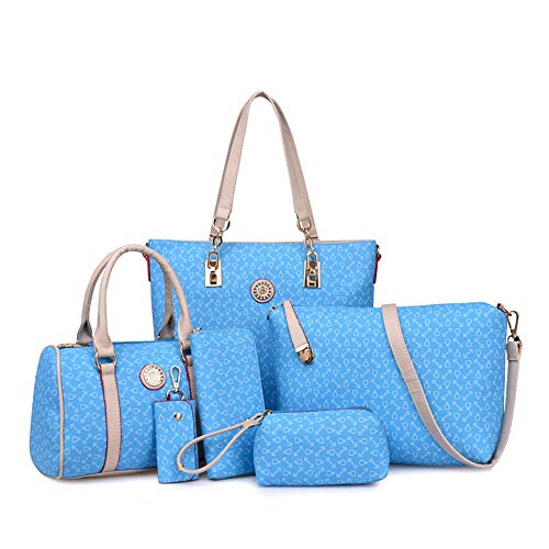 Women Handbag Set 6 Pcs PU Leather Tote Purse Set Multi-purpose Classic Shoulder Bag (Sky Blue)