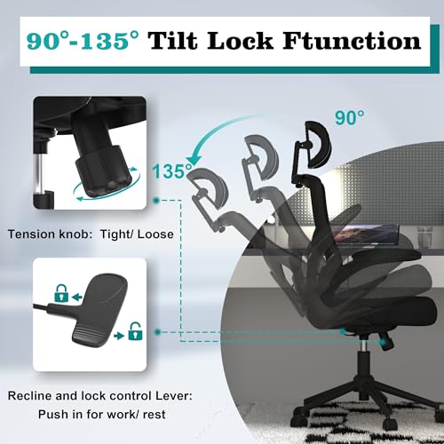 Ergonomic Office Chair, High Back Mesh Desk Chair with Thick Molded Foam Cushion, Coat Hanger, Adjustable Headrest, Lumbar Support, Tilt & Lock Function - Computer Chair (Matte Black) by FOKESUN - Used condition - Image 6
