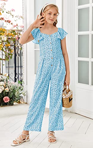 Kimmta Girl’s Summer Floral Printed Rompers Ruffle Short Sleeve Wide Leg Jumpsuits With Button #TOP1