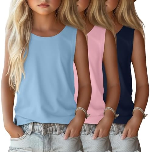 3 Pack Girls' Tank Tops Kids Sleeveless Crew Neck Shirts Summer L...