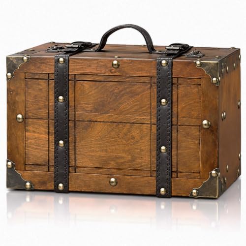 Mimdixy Wooden Vintage Luggage Trunks, Decorative Antique Suitcase Boxes with Hinged Lids Portable Vintage Distressed Wood Storage Box Treasure Chest for Home and Table Decor (Large)