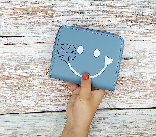 Image of Women Small Wallet Wallets for girls Credit Card Holder Coin Purse Zipper Small Secure Card Case cute wallets Mini wallets for Women (Smiley Blue)