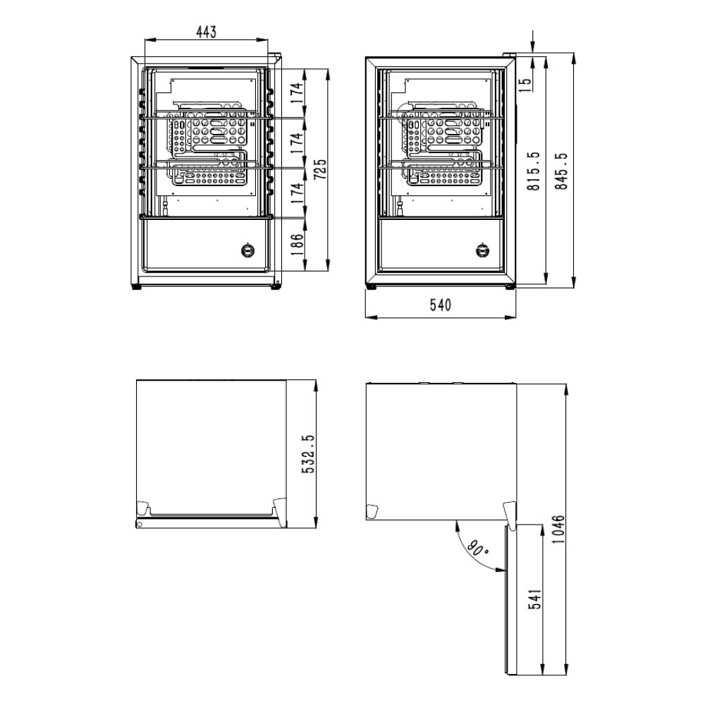 Aspes Refrigerador Negro ARH855500EN, Capacidad 121 Litros, 54 cm Ancho, 84 cm Alto, Cíclica, 39 dB Nivel Sonoro, Luz LED, Puerta Cristal Reversible, Apertura Tipo Uñero, Clase E