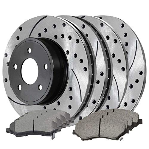 AutoShack Brake Kit Replacement for 2007-2017 Jeep Wrangler 2018 Wrangler JK 3.6L 3.8L V6 4WD RWD Front Rear Drilled & Slotted E-Coated Disc Brake Rotors Ceramic Brakes Pads SCD1273PR63042