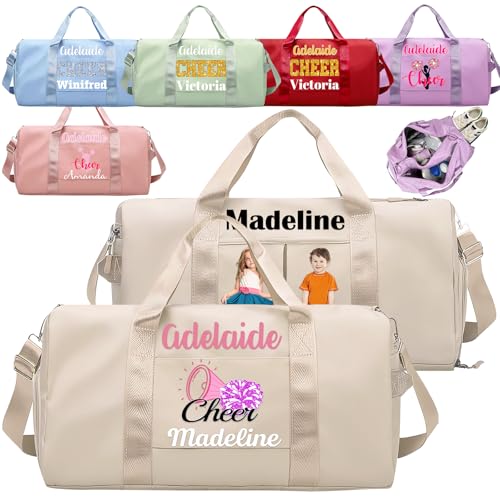 Personalized Duffle Bags with Name Photo Custom Sports Gym Bag Travel with Wet Dry Pockets Shoe Compartment Customizable Duffle Bag for Dance Football Ballet Team Cheer-Cheerleading