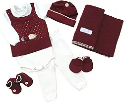 Saida Maternidade Completa Recem Nascido Menino Menina 7 Peças Sanches Baby (Bordô com Natural)
