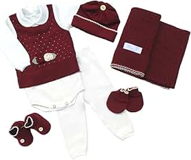 Saida Maternidade Completa Recem Nascido Menino Menina 7 Peças Sanches Baby (Bordô com Natural)