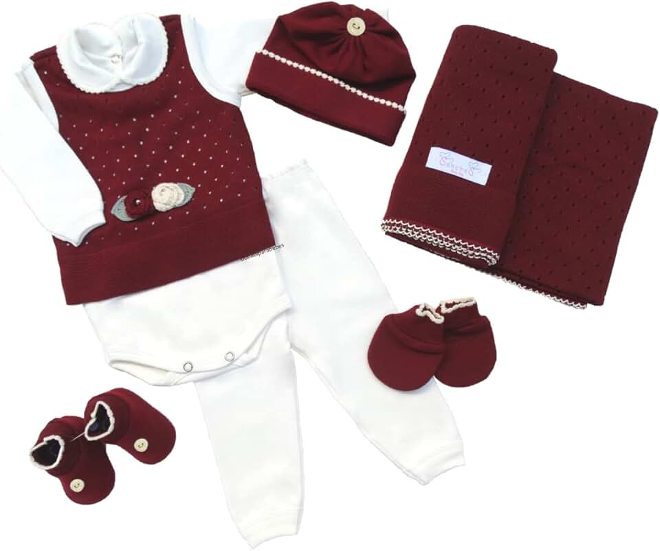 Saida Maternidade Completa Recem Nascido Menino Menina 7 Peças Sanches Baby (Bordô com Natural)