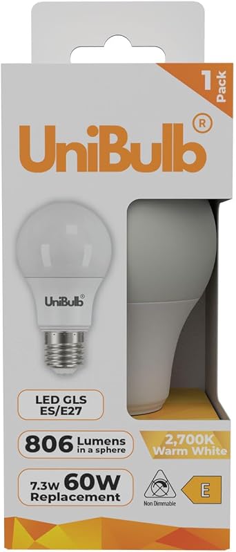 E27 Edison Screw ES 7.3W LED Light Bulb, 806 Lumens, 2700K Warm White, Replaces 60W, Non-Dimmable, 25yr Lifespan 1 [Energy Class E]