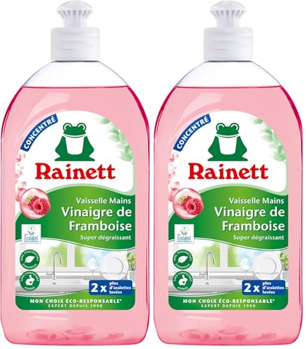 RAINETT - Liquide Vaisselle Mains au Vinaigre de Framboise - Formule Concentrée Super-Dégraissante - Testé Dermatologiquement - Flacon Recyclé & Recyclable - Ecolabel - Format Compact - 500 ml