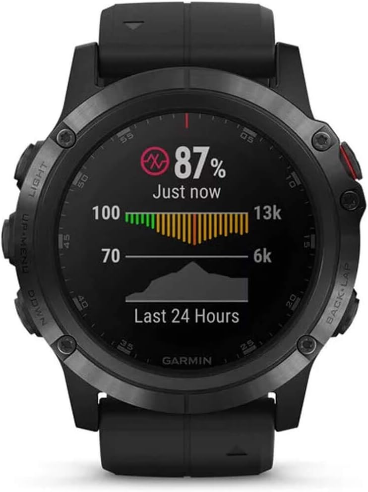 Garmin fenix 5X Plus displaying Pulse Ox saturation at 87% and a 24-hour heart rate graph