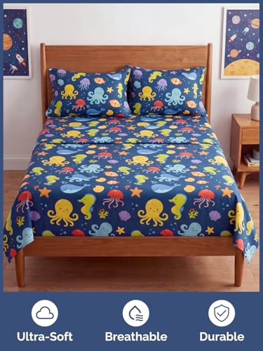Image of Kids Queen Sea Creatures Bed Sheets - 4 Piece Kids Sea Creatures Sheet Set | Sea Creatures Themed Bedding, Ultra-Soft, Cute & Cozy, Breathable & Machine Washable, Bed Set for Boys, Girls & Teens, Comfy