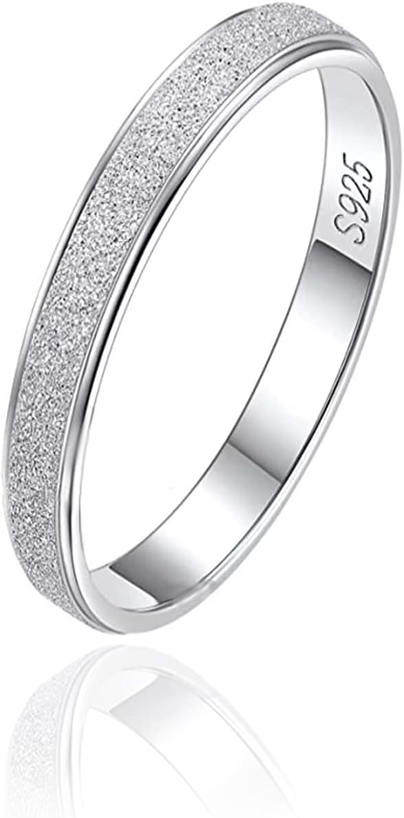 SILBERTALESandblast Glitter Ring 925 Sterling Silver 3mm thin Simple Plain Stardust Band Rings Comfort Fit for Men Women Size 5-10