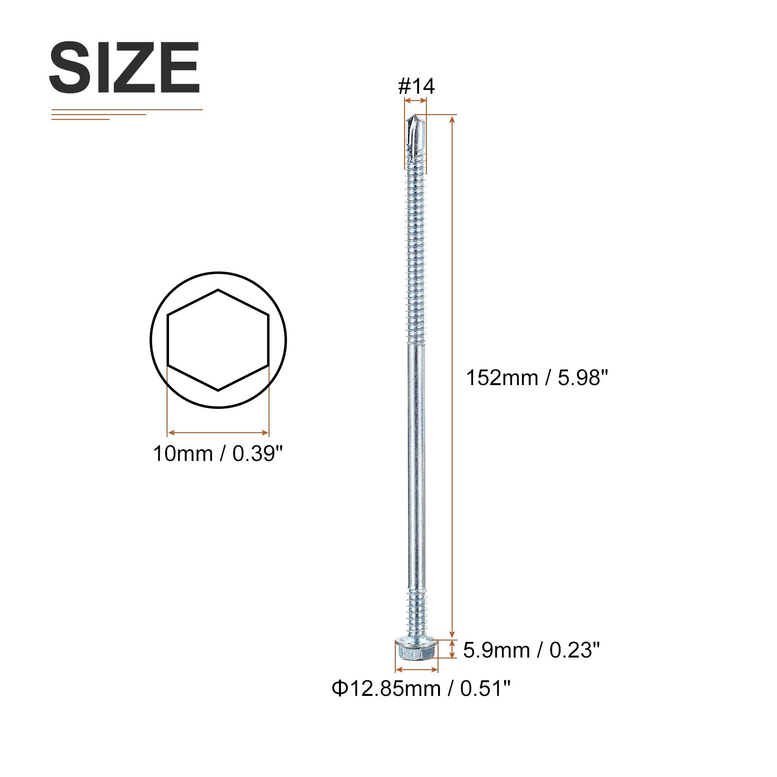 DTGN #14x6" Hex Washer Head Self Drilling Screws - 10Pack - Good for Metal - Carbon Steel Self Tapping Metal Sheet Screws - Image 2