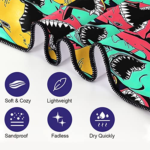 Sxchen Beach Towel Oversized 36"X72" Thin Lightweight Extra Large Absorbent Quick Dry Sand Free Plush Cool Hawaiian Print Summer Angry Shark Horrible Animal Colourful #TOP2