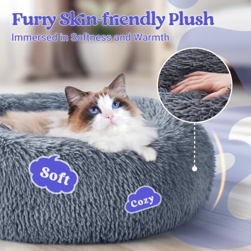 rabbitgoo Calming Cat Beds for Indoor Cats, 20 inches, Dark Grey | Soft Warm Donut, Fluffy Faux Fur, Supportive Raised Rim, Anti-slip, Machine Washable, Up to 15lbs Kittens & Small Cats - Image 3