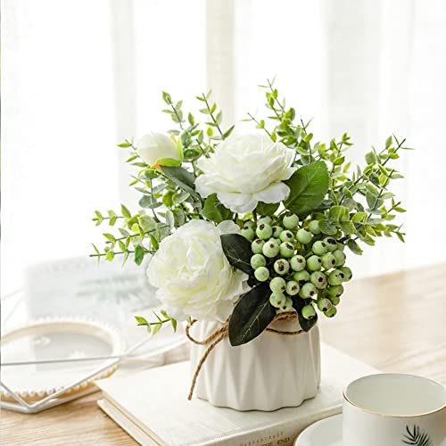 BLOSMON Artificial Flowers and Vase Decoration Fake Flower in Vases 2PCS White Plastic Rose Arrangement Table Floral Centrepieces Ornament Plant Bouquet for Wedding Room Window Garden Party Display - Image 4