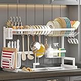 PUSDON Over Sink Dish Drying Rack Stainless Steel, Adjustable Large Dish Drainer for Storage Kitchen Organization White 2 Tier - Standard(26