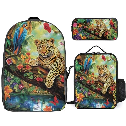 Tropical Forests Parrots And Leopard Large Travel Backpacks Carry on Backpack Weekender Bag with 2 Storage Pockets for Men And Women