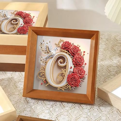 Image of AiYuanzsh 5D Diamond Art Kits for Adults Letter O, Ornamental Rose & Dove Special Shape Diamond Painting Kit, Luxury Alphabet DIY Crystal Rhinestones Diamond Art for Home Wall Decor 17x17cm