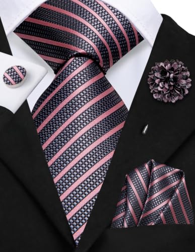 Image of Hi-Tie Men Silk Ties Set with Flower Lapel Pin Necktie Pocket Square Cufflinks for Tuxedo Wedding Business