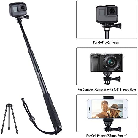 Vicdozia Selfie Stick, 37.5'' Waterproof Extendable Monopod with Mini Tripod Stand Compatible GoPro Hero(2018) Hero 7/6/5/4/3+/3/2/1/Session, AKASO SJCAM Xiaomi Yi, Compact Cameras and Smartphones