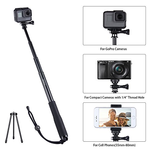 Vicdozia Selfie Stick, 37.5'' Waterproof Extendable Monopod with Mini Tripod Stand Compatible GoPro Hero(2018) Hero 7/6/5/4/3+/3/2/1/Session, AKASO SJCAM Xiaomi Yi, Compact Cameras and Smartphones