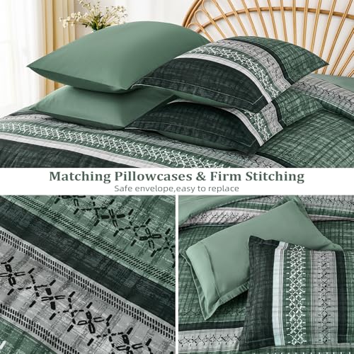Image of Dintszyayue Green Comforter Set Queen Size, 8 Pieces Boho Striped Bed in a Bag Soft Microfiber Bedding Set for All Season