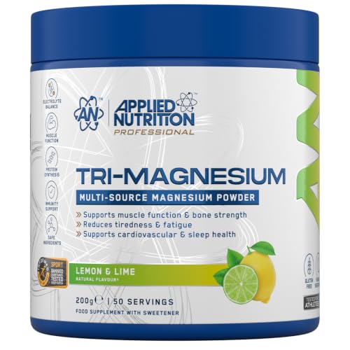 Applied Nutrition Tri-Magnesium Powder 3 in 1 - Magnesium Glycinate Supplements for Bone Muscle Nervous System Sleep Health - 300 mg per Serving (200g - 50 Servings) (Lemon & Lime)