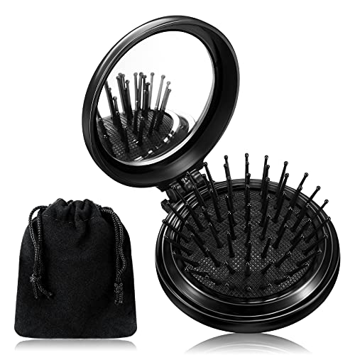 Miroir de Voyage Pliant Brosses à Cheveux Rondes Brosse à Cheveux de Poche Peigne de Massage Capillaire de Taille Compacte Mini Peigne à Cheveux avec Miroir de Maquillage pour Femmes, Noir