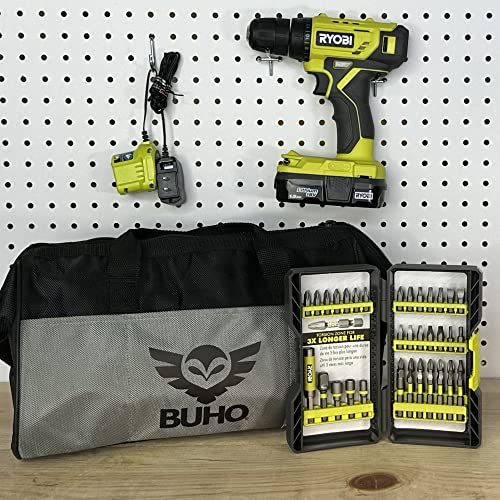 Cordless Drill Set Bundle with Ryobi 18V ONE+ Drill Driver, 3/8 Inch Chuck, 40 Piece Drill Bit Set, 1.5 Ah 18-Volt Lithium-ion Battery, 18-Volt Charger and Buho 16 Inch Tool Bag(PDD209KAR2038BUHO01) thumbnail 2
