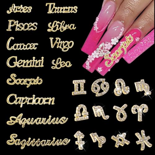ROFIBUT Gold Zodiac Nail Charms Alloy Twelve Constellation Zodiac Constellation Words Nail Gems Zodiac Signs Nail Studs with Rhinestones Design Twelve Constellation Nail Jewelry for Women Girls 24Pcs