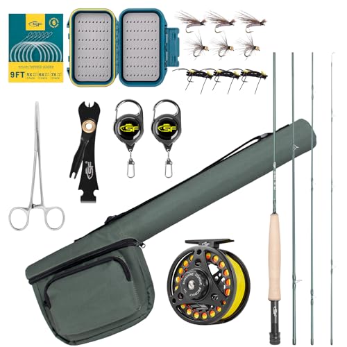 SF Fly Fishing Rod Combo Starter Kit Semi Gloss Green Jade Finish 24T Carbon Fiber Trout Travel Fly Rod with Reel,Fly Rod case,Fly Box , Flies,Tapered Leader,Knot Tying Tools Emerald Green F