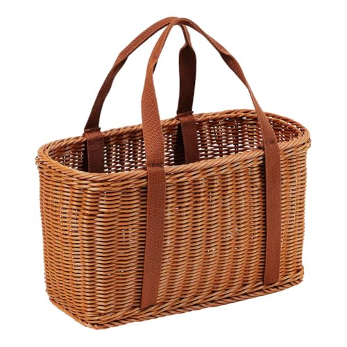 Plastic Sturdy Handwoven Wicker Shopping Basket with Handles Large Capacity for Farmers Market Picnic Grocery - Multipurpose Storage for Kitchen & Outdoor (M)