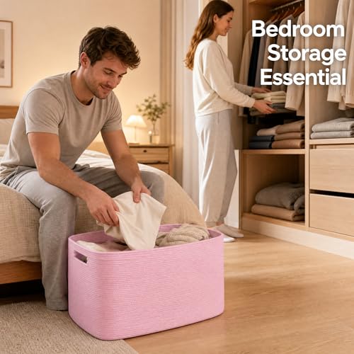 Image of Cotton Rope Laundry Basket Extra Large, 22.8GAL Collapsible Woven Storage Baskets for Living Room Kids Toys Stuffed Animal,Boho Rectangular Decorative Hamper for Dirty Clothes, Blankets Light Pink