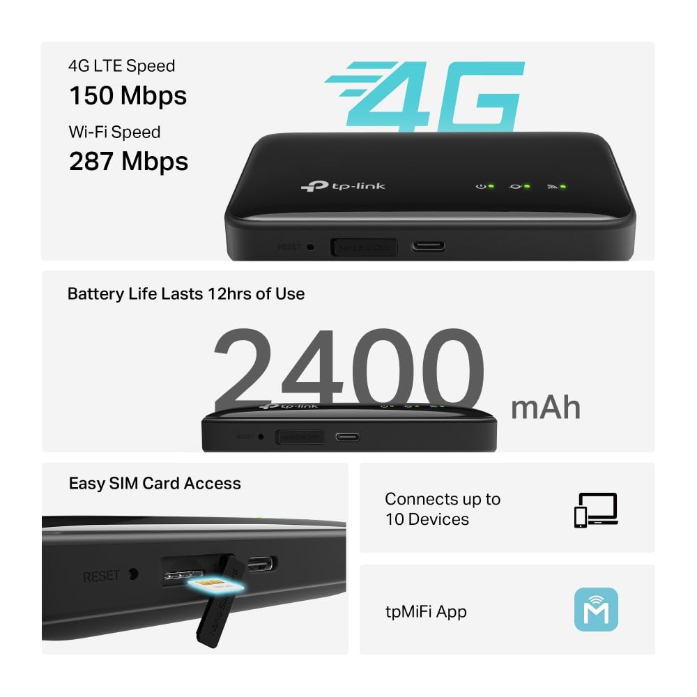 TP-Link M7005 - Hotspot Mobile 4G LTE z Wi-FI 6, akumulator 2400 mAh, do 287 MB/s, łączy do 10 urządzeń, USB-C, aplikacja tpMiFi