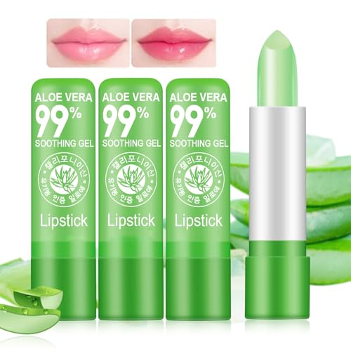 3 Piezas Lápiz Labial Aloe Vera, Bálsamo con Cambio Color Temperatura Mágica, Maquillaje Nutritivo Larga Duración, Juego Brillo Labios, Regalo de Cumpleaños