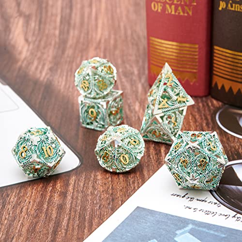 Hollow Metal Dnd Game Dice Dragon Shape Carved Silver And Green 7Pcs Set For Dungeons And Dragons Rpg Mtg Table Games D&D Pathfinder Shadowrun And Math Teaching (With Metal Case) #TOP4